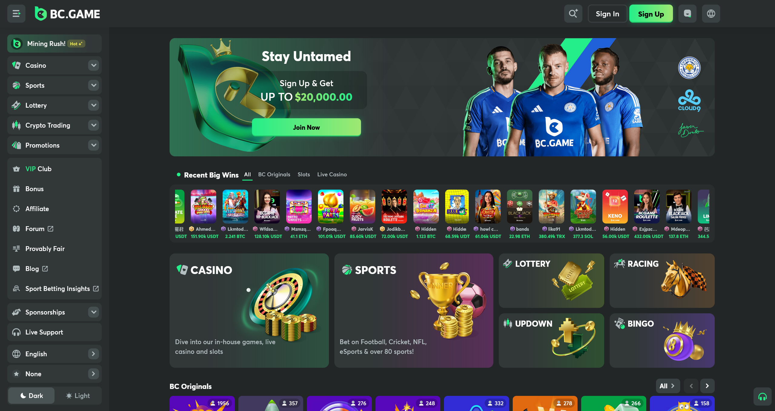 Bc.Game the best crypto casinos Screenshot shows slots and actual bonus promotions