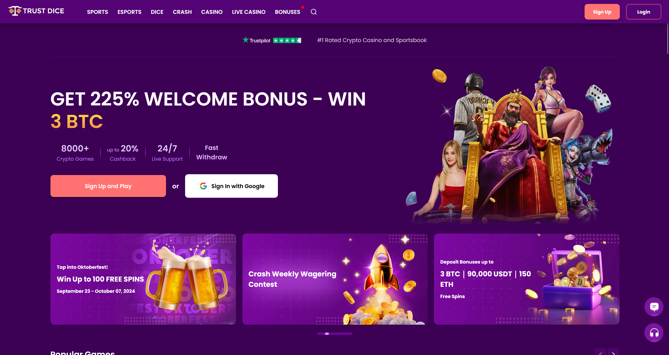 Trustdice Casino Screenshot shows slots and actual bonuses